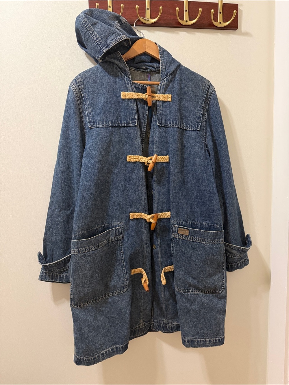 Denim Hooded Toggle Coat in Dark Blue